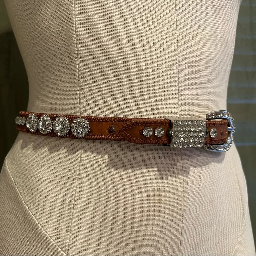Shyanne Girls' Belt Sz 26 Ostrich Print Rhinestone K501 Crystal Brown Silver